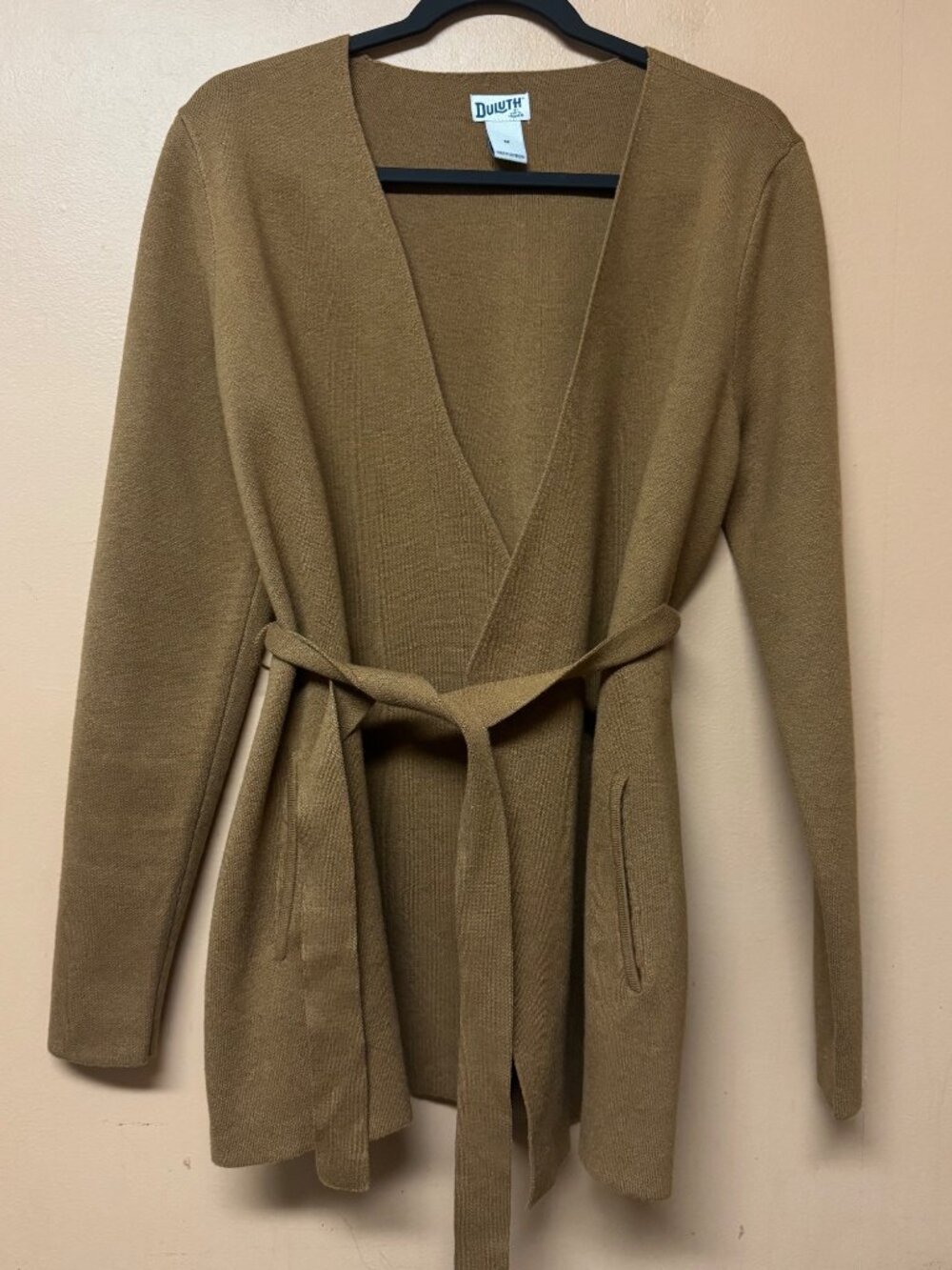 Duluth Trading Co Women’s M Wool Blend Belted Wrap Cardigan Sweater Camel Brown
